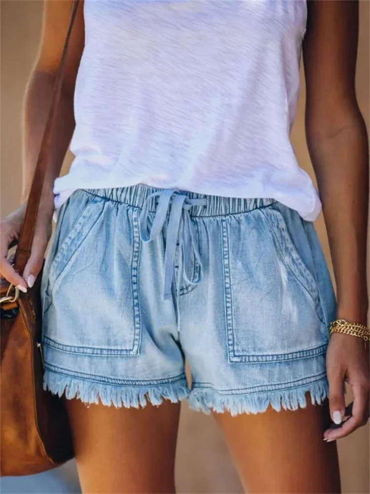 Women’s Denim Shorts Drawstring Elastic Waist Frayed Hem Short Pants Summer Casual Loose Jeans with Pockets