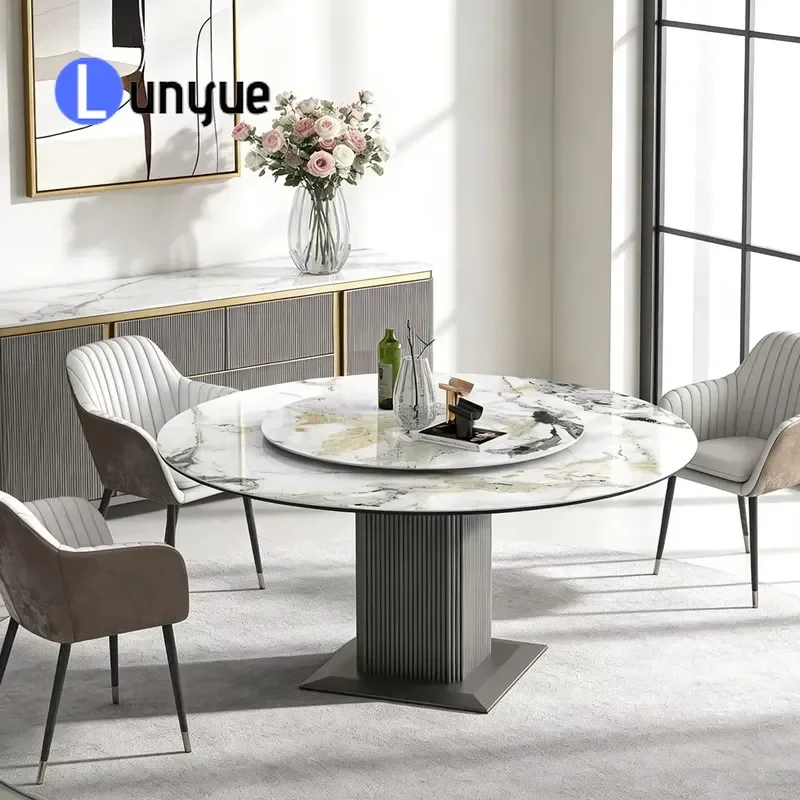 Space Saving 6 Seat Dining Table Set with Storage Side Cabinets and Rotating Function Warm Comfortable Chairs for Small