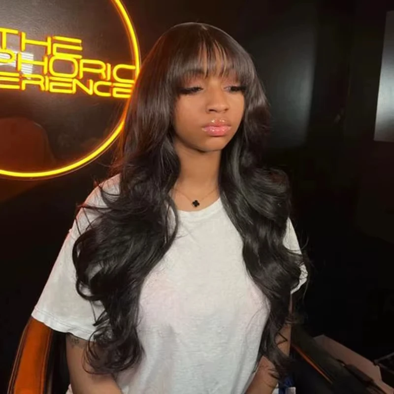 32 Inch Body Wave Human Hair Wig With Bangs 210 Density Brazilian Virgin Hair Wig For Black Women Full Machine Made Wig Brazilian Hair Middle Part 3x1 Frontal Wig Natural Color