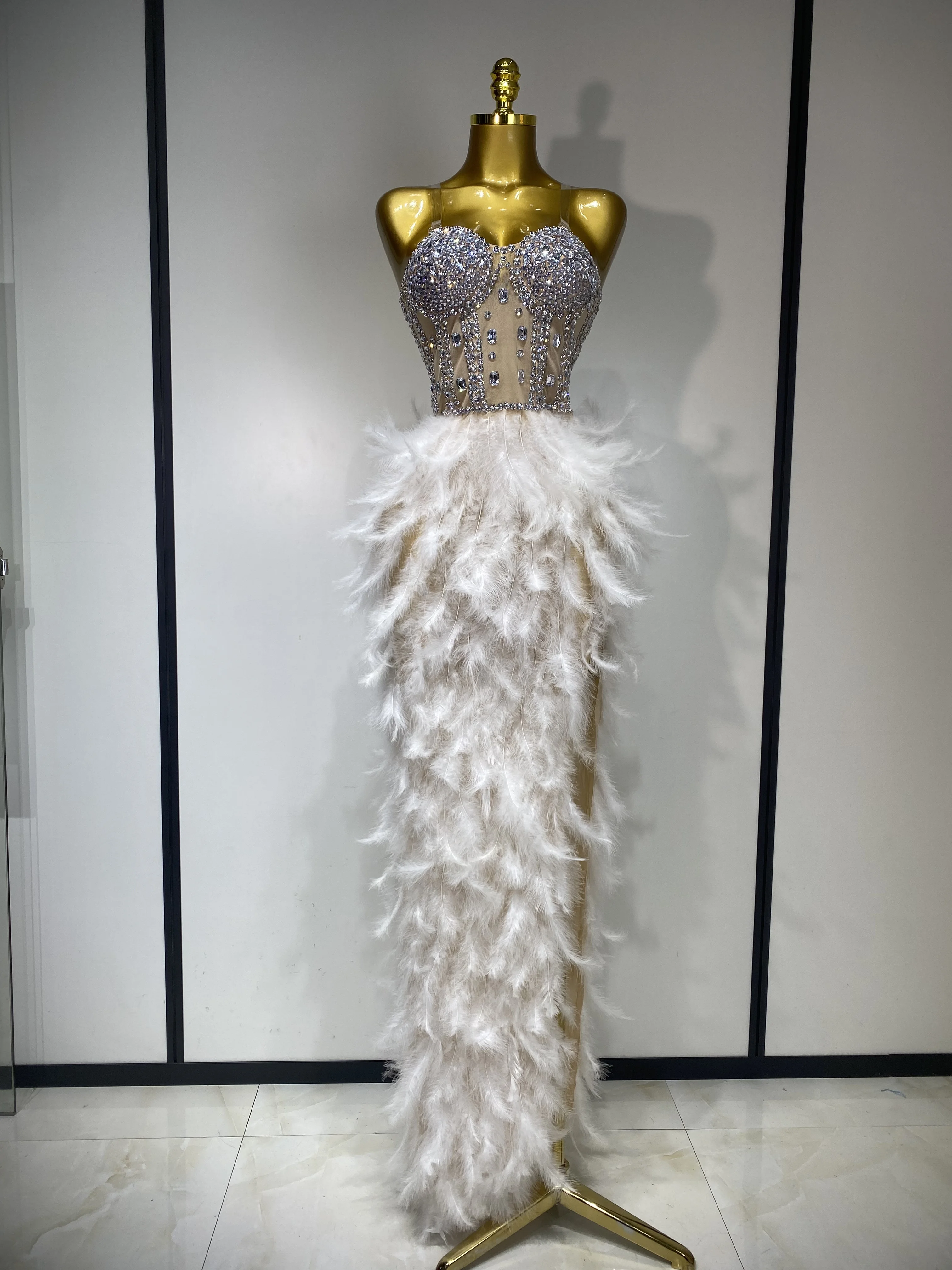 Women Sexy Sparkly Rhinestone Feather Mesh Long Dress Elegant Evening Party Celebrate Luxury Birthday Singer Stage Costume - AliExpress 200000345 Women Sexy Sparkly Rhinestone Feather Mesh Long Dress Elegant Evening Party Celebrate Luxury Birthday Singer Stage Costume - AliExpress 200000345