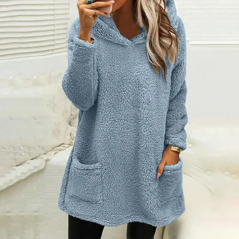 Regular Fit Women Hoodie Cozy Mid-length Women's Hoodie with Double-sided Plush Warm Loose Fit Pockets Fall Winter Soft Long