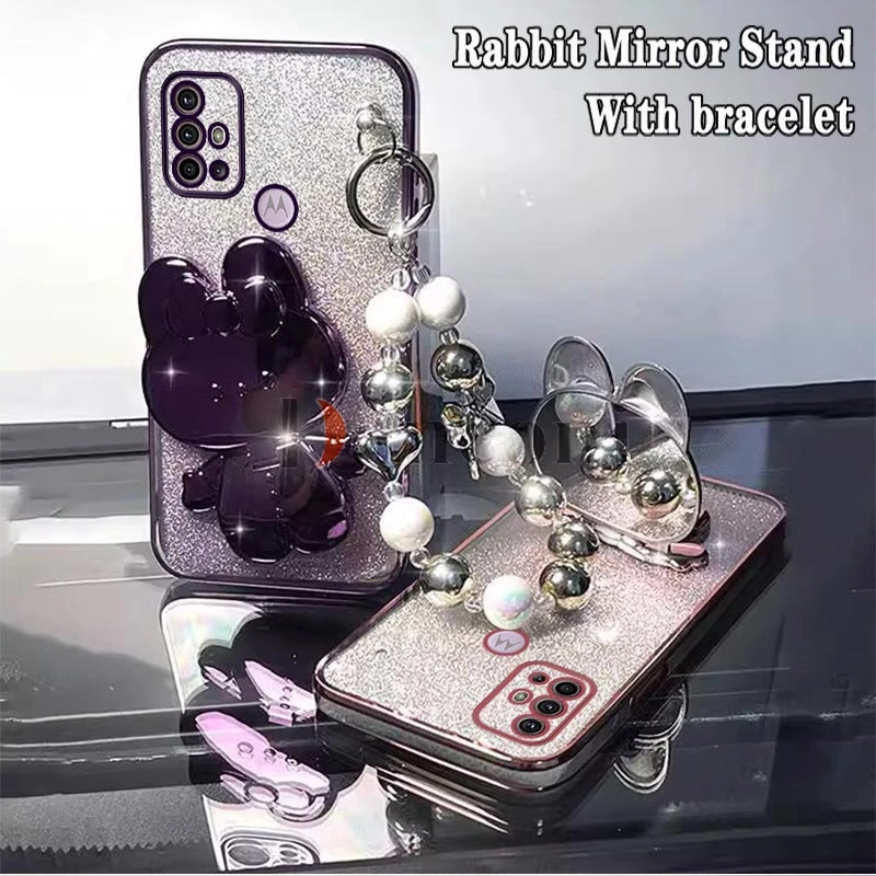 Rabbit Makeup Mirror Plating Phone Holder Case For Motorola Moto G30 G20 G52 G13 G10 G53 G60 G62 G32 G42 G50 G72 G73 G9 G8 Cover