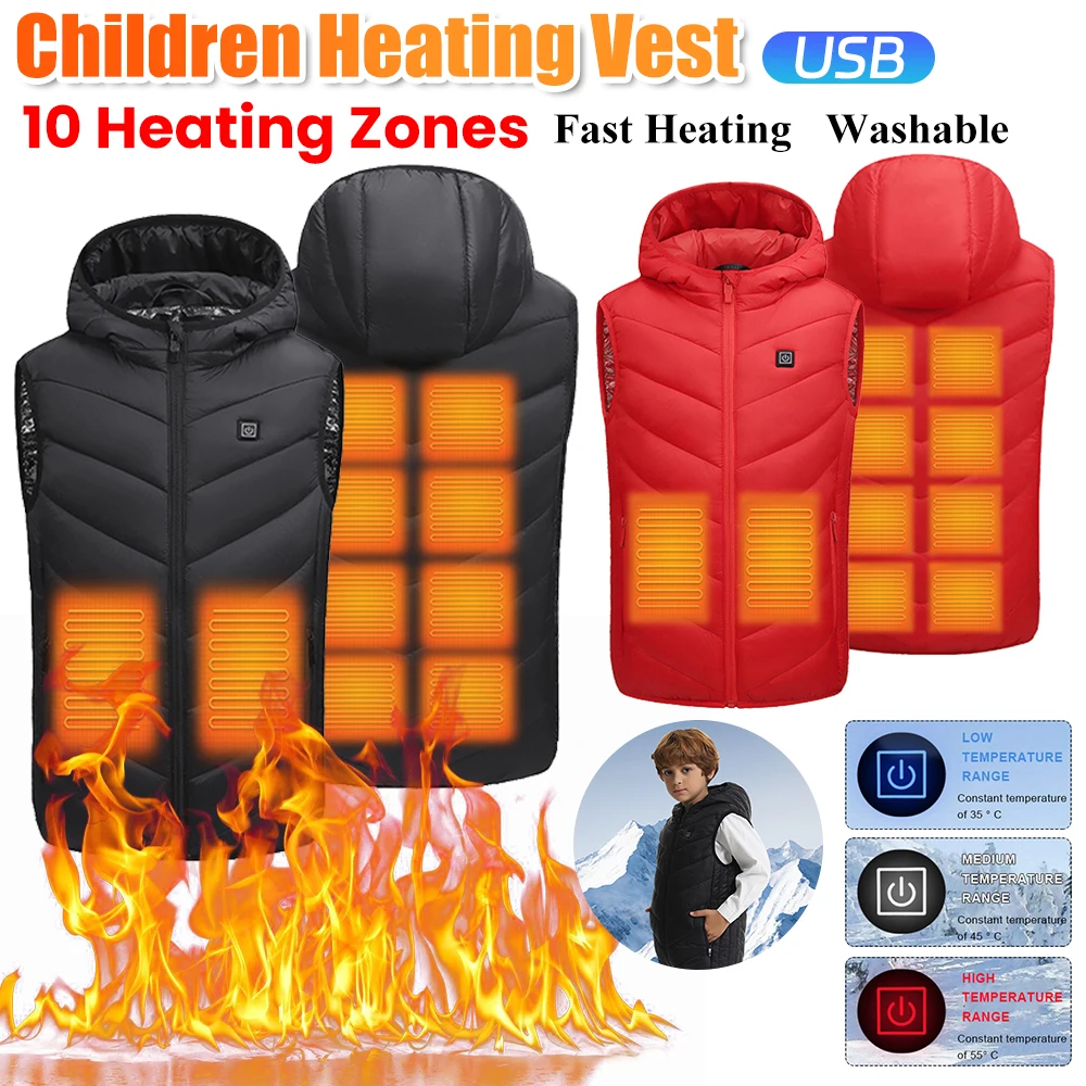 Children Heating Vest 10 Heating Zones Heated Vest Clothing Electric Thermal Hiking Waistcoat Wamer for Skiing Fishing Camping