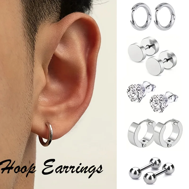 1 Pair Simple Stainless Steel Round Cubic Zirconia Ball Stud Earrings Punk Style Hoop Ear Jewelry For Men Women Daily Wear