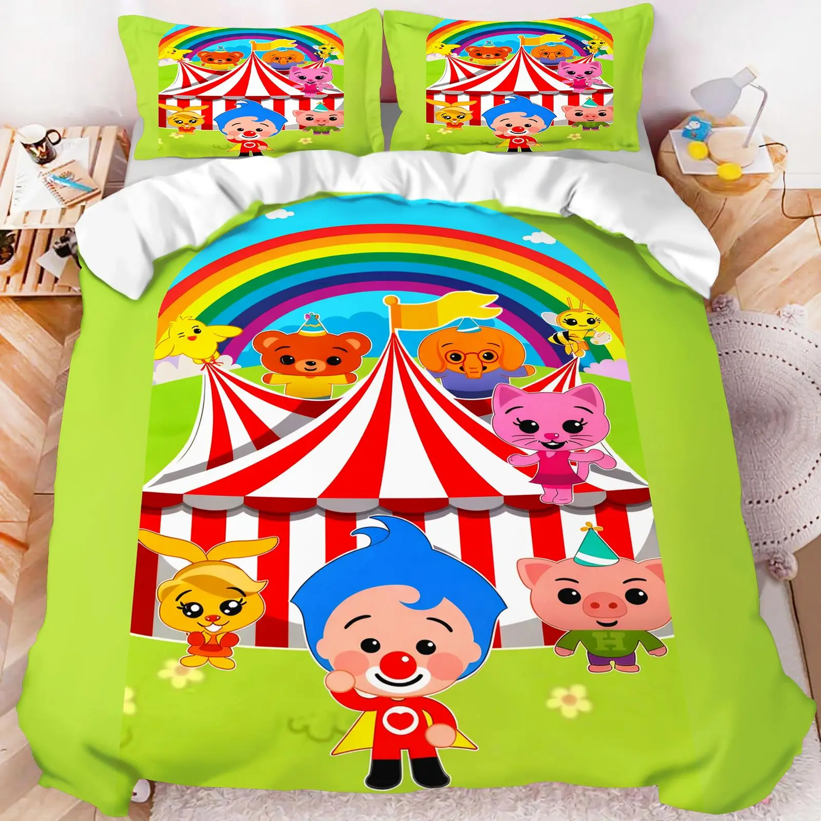 Hot Sale Plim‑Plim Clown Rainbow Theme Bedding Set 3D Digital Print Duvet Cover With 2 Pillow Shams Kids Bedroom Decor