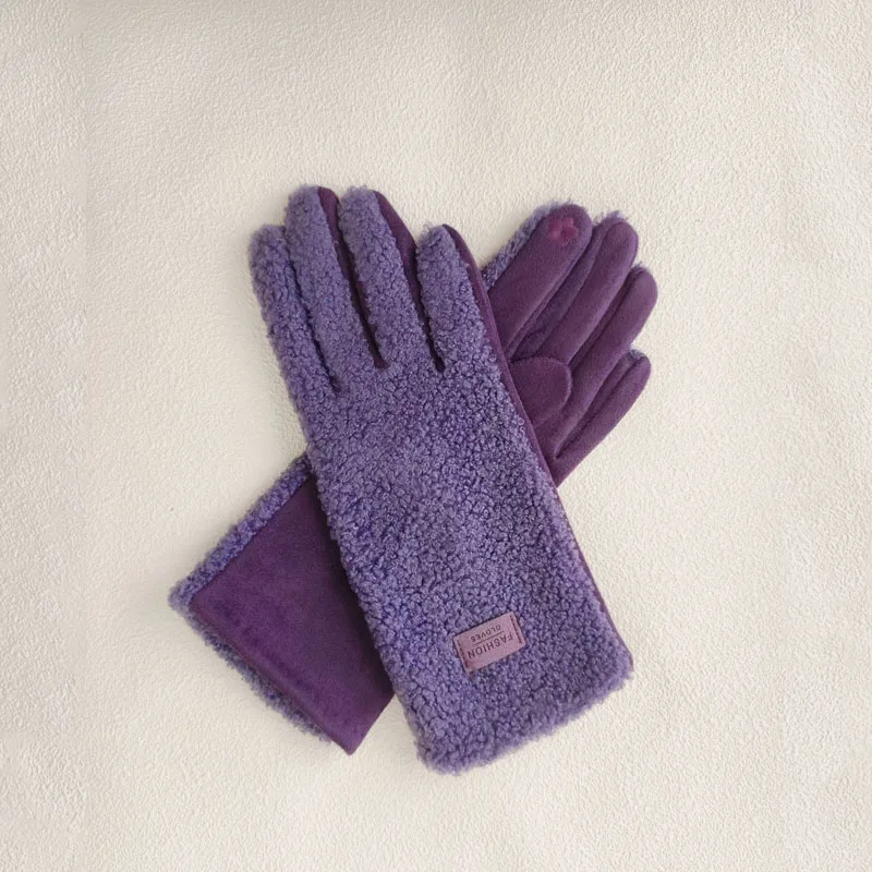 تقليد تيدي الشعر الجلد المدبوغ النساء الشتاء الدفء قفازات شاشة اللمس شخصية الموضة إضافة المخملية سميكة لينة #5