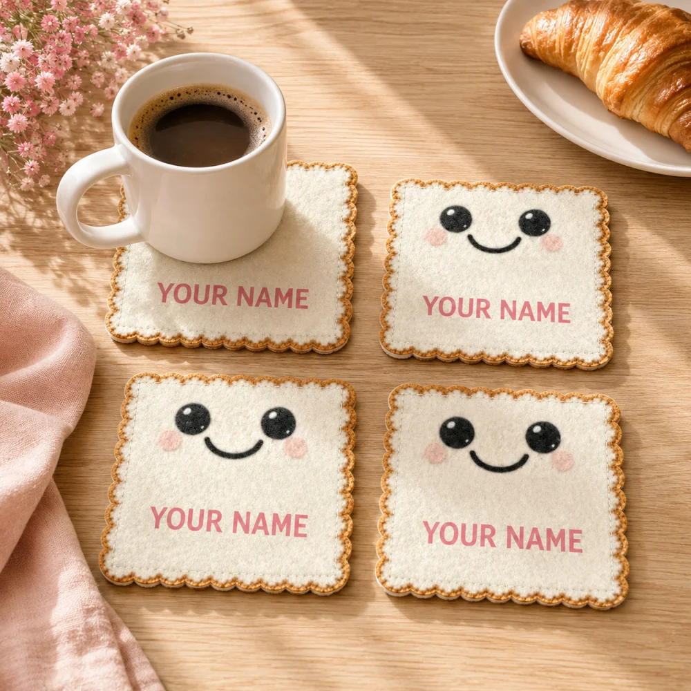 4Pcs Personalized Custom Name Felt Coaster Set Cute Smiley Toast Bread Cup Mat Non‑slip Table Decoration Birthday Gift 10*10cm