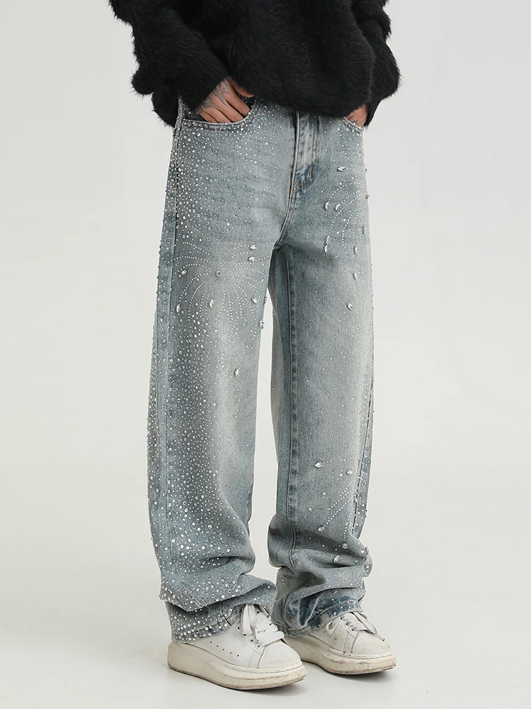 Celana Jeans Full Rhinestone Gaya Amerika High Street Pria Wanita Tren 2025 Stylish Longgar Lurus Berkilau Rhinestone Celana Lebar