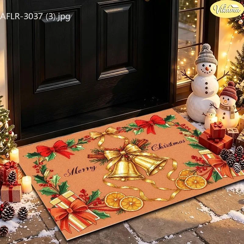 VIKAMA Christmas Rug, Vintage Teddy Bear with Gifts, Holly Bows, Merry Christmas Print, Soft Durable, Front Entryway