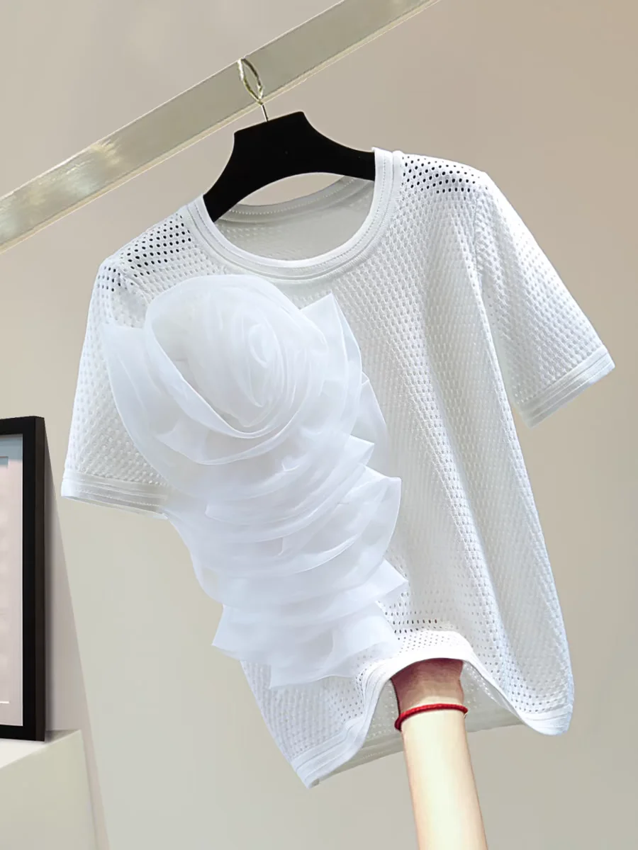 

2024 Summer Korean High Waist Short Round Neck Women's Solid Color Short Sleeve T-shirt with Tassels
