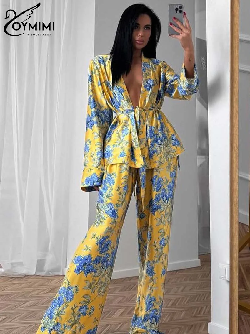 Oymimi Fashion Yellow Print Womens 2 Piece Outfit Set Casual Satin Long Sleeve Lace-Up Shirts And Drawstring Straight Pants Sets