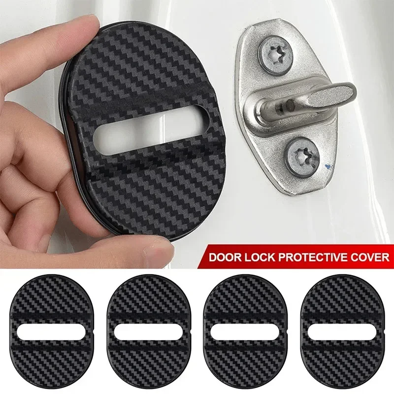 4Pcs Carbon Fiber Door Lock Covers – Universal Shock-Absorbing, Noise-Reducing, Rainproof, Easy Peel & Stick Fit for Sedans/SUVs