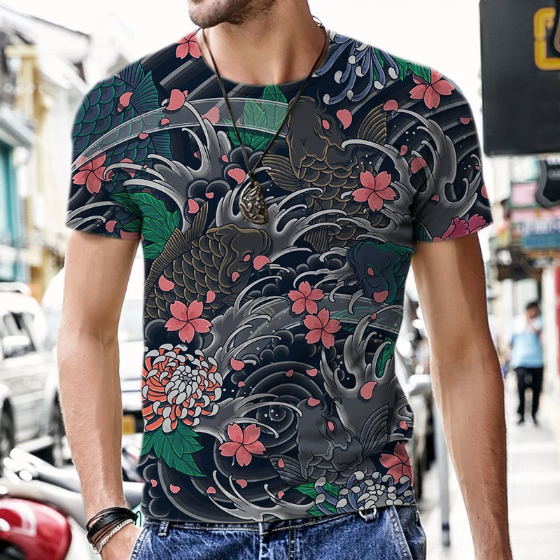 2022 Koi Printed Shirts Men's 3D Printed Round Neck T Shirts Polyester Clothes Oversized Loose Mens Fashion