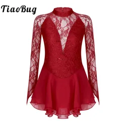 Adult Women Long Sleeve Lace Ballet Gymnastics Leotard Shiny Sequin Mock Neck Figure Ice Skating Dress Lyrical Dancewear Costume