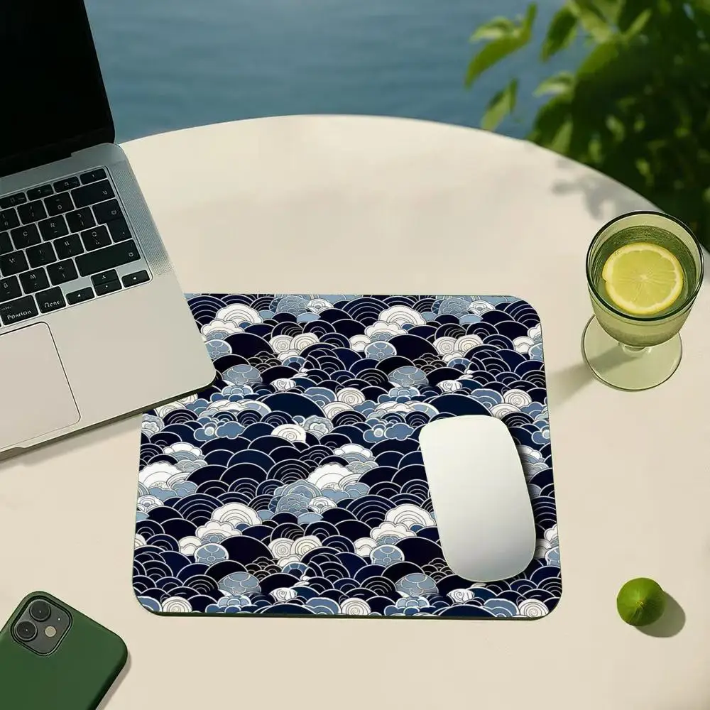 Dark Blue Japanese Seigaiha Wave Texture Mouse Pad Non Slip Rubber Compact Desk Mat Oriental Traditional Pattern Office Mousepad