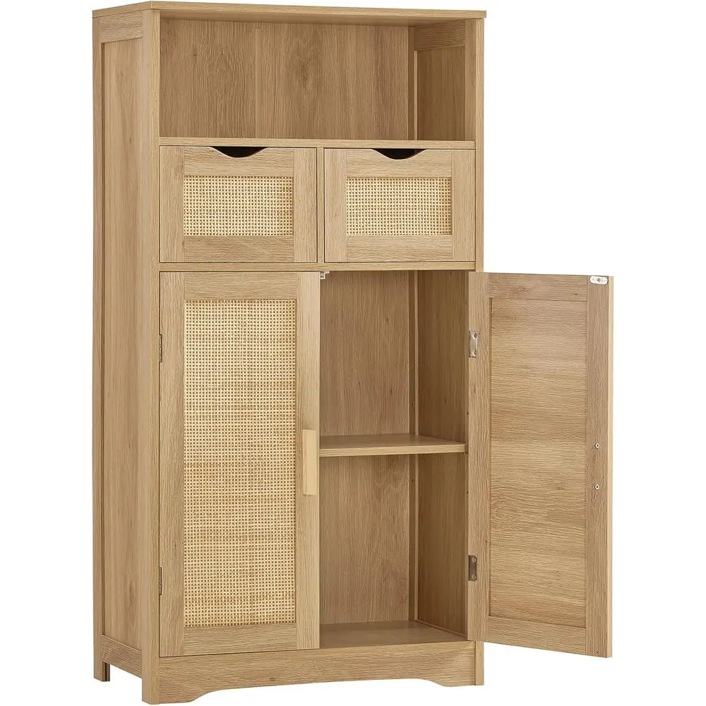 Natural Rattan Storage Cabinet with 2 Drawers, Adjustable Shelves, Ideal for Kitchen, Living Room, and Home Office