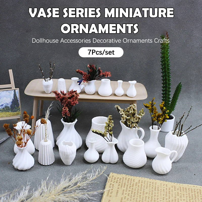 7Pcs/set Dollhouse White Art Vase Model Ornament Doll Home Flower Arrangement Decor Dolls House Miniature Scene Crafts Ornaments