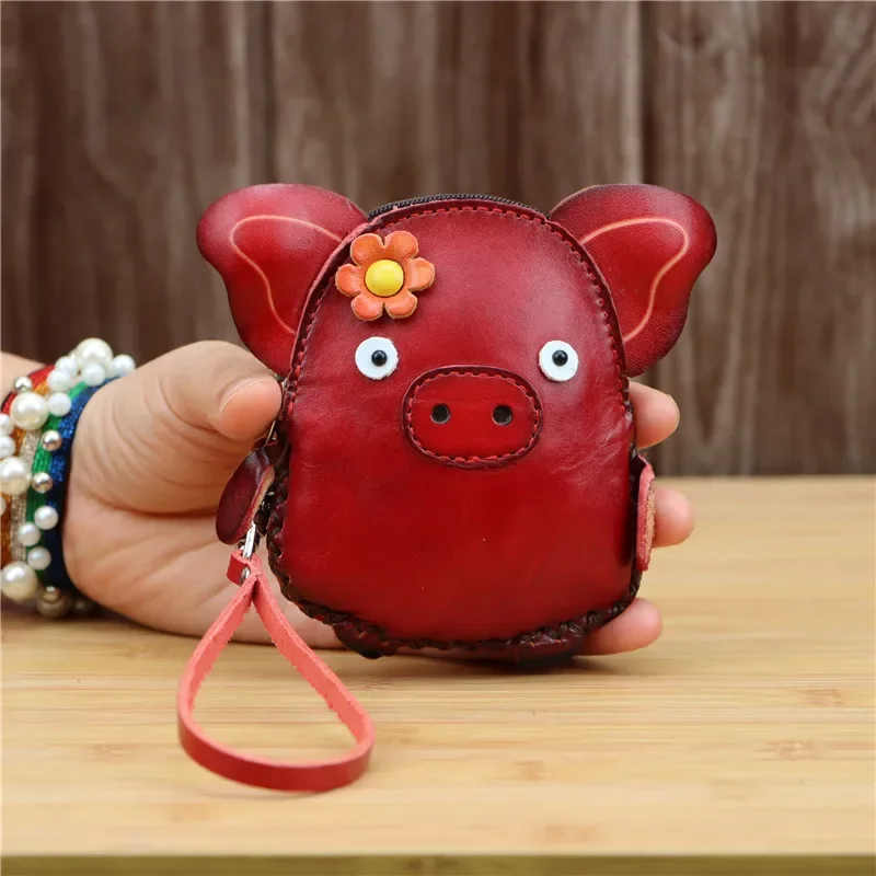 Leather piggy mini cosmetic bag coin purse leather card case key case clutch bag children cartoon animal clutch