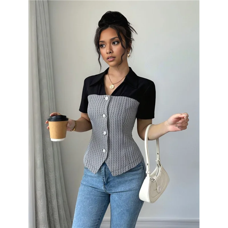 FX-Women's Pleated Button-Down Shirt V-Neck Short Sleeve Cropped Work Shirt