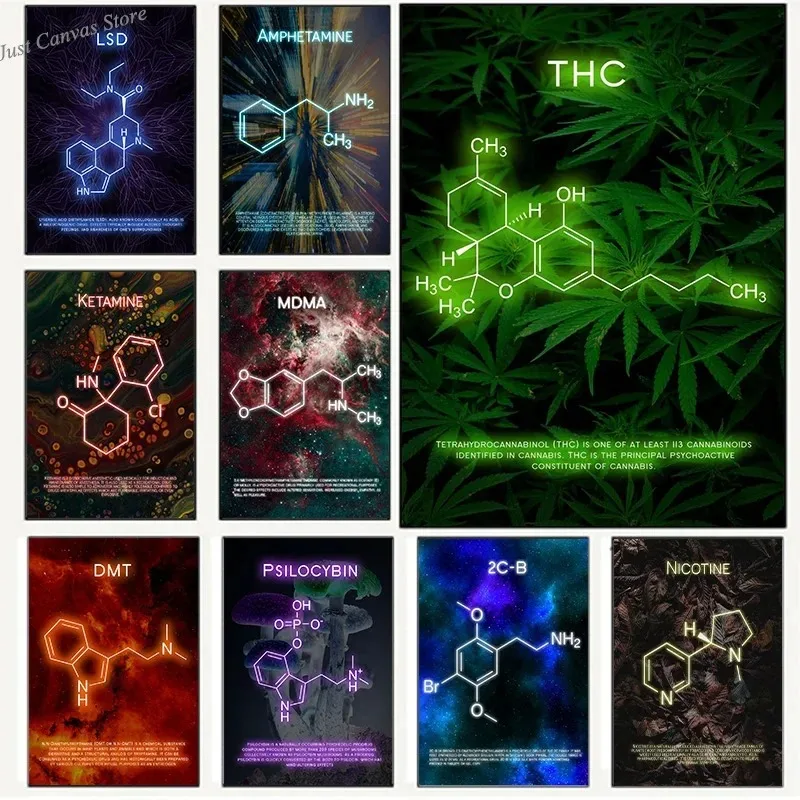 Neon Effect THC LSD 2CB Drug Molecules Posters Canvas Painting Cosmic Weed Background Wall Art For Living Room Home Decor No LED