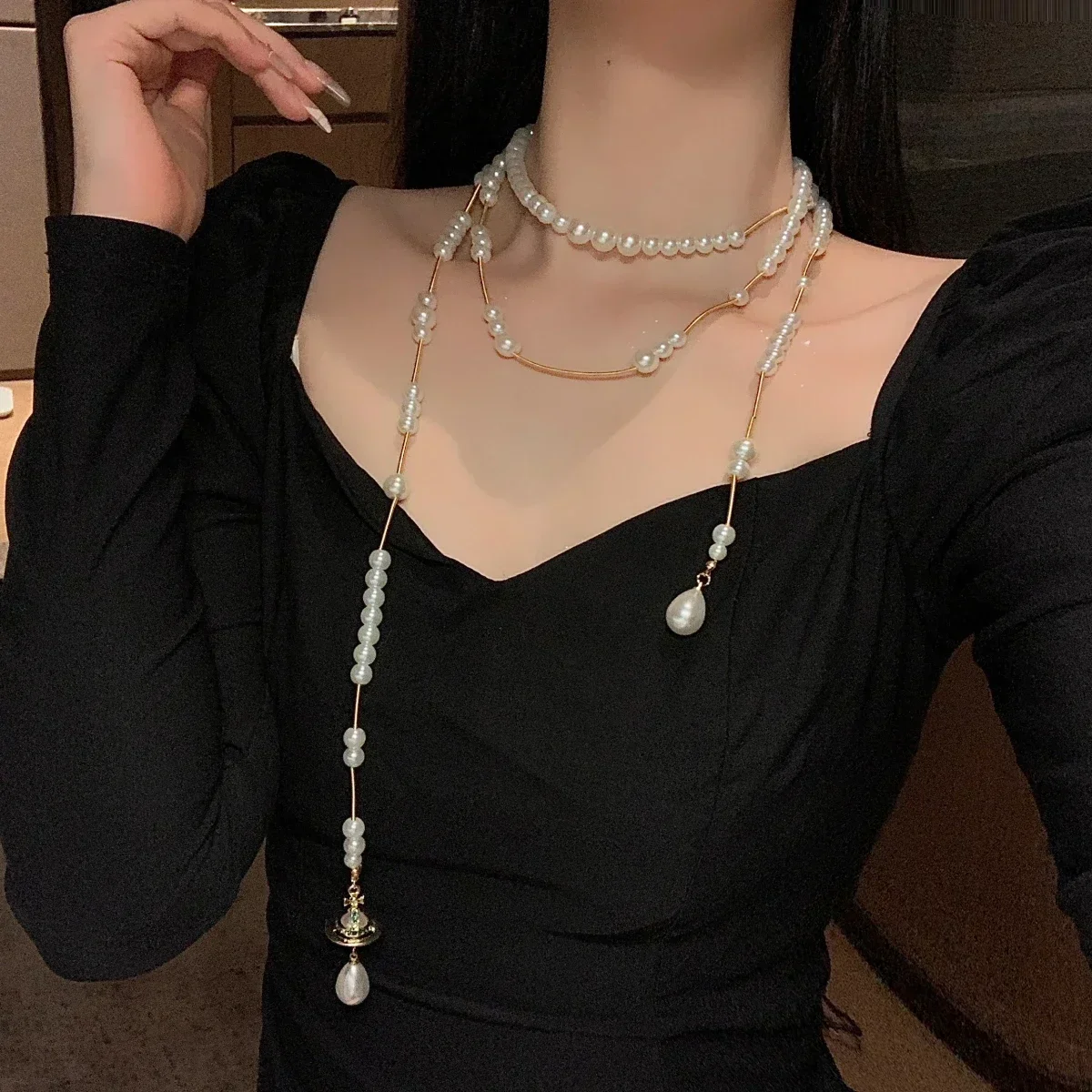 Light Luxury Minority Pearl Necklace Necklace Women's Long Multi-Layer Sweater Chain Twin