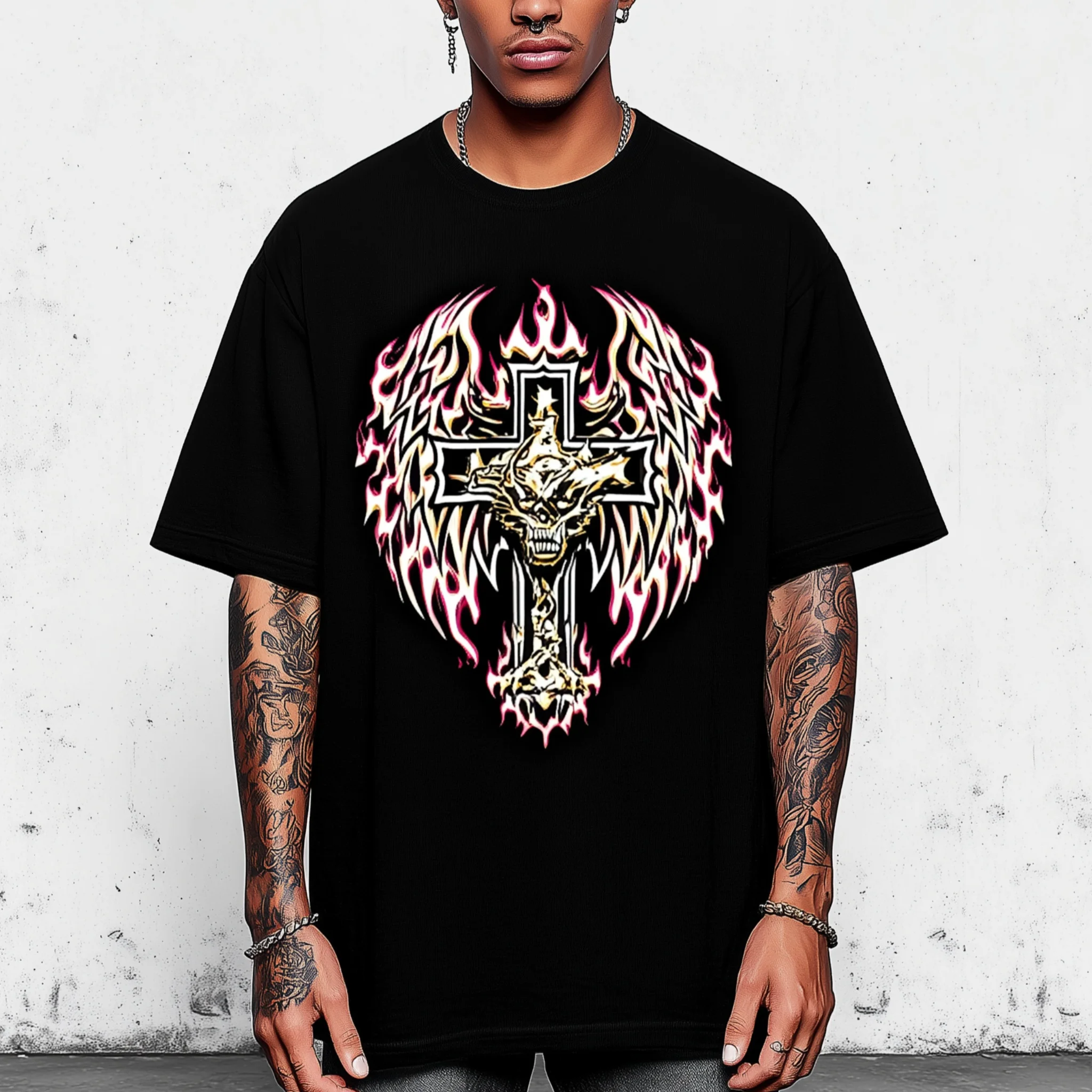 

Teevo Men's Short Sleeve T-Shirt Flame Cross Skull Print Casual Streetwear Daily Wear