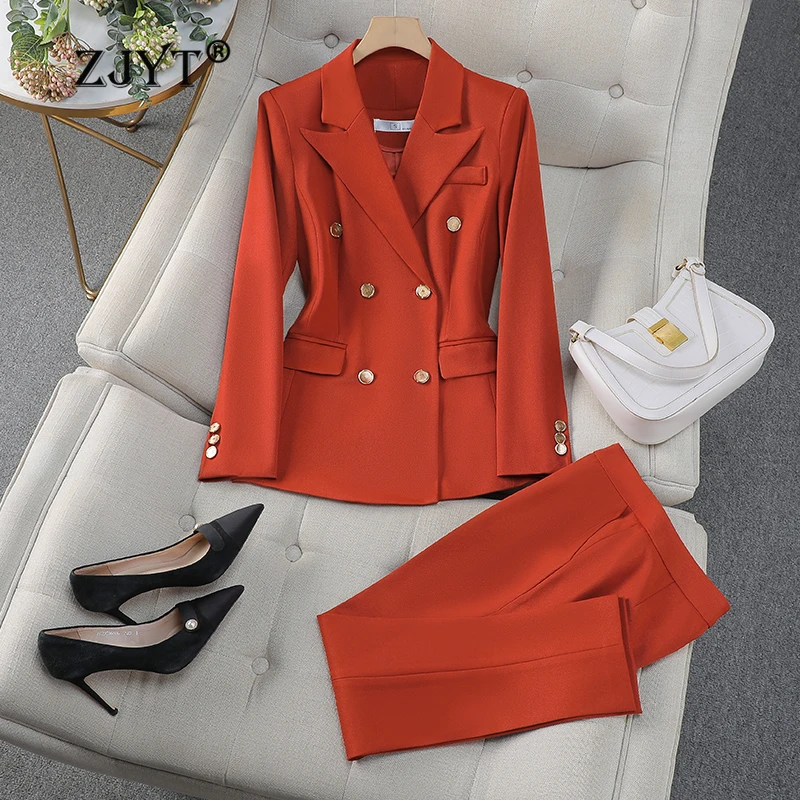 ZJYT Elegant Women\'s Blazer Pants Sets Autumn Fashion Double Breasted Jacket Trousers Suit Office Lady Work Outfit Matching Set