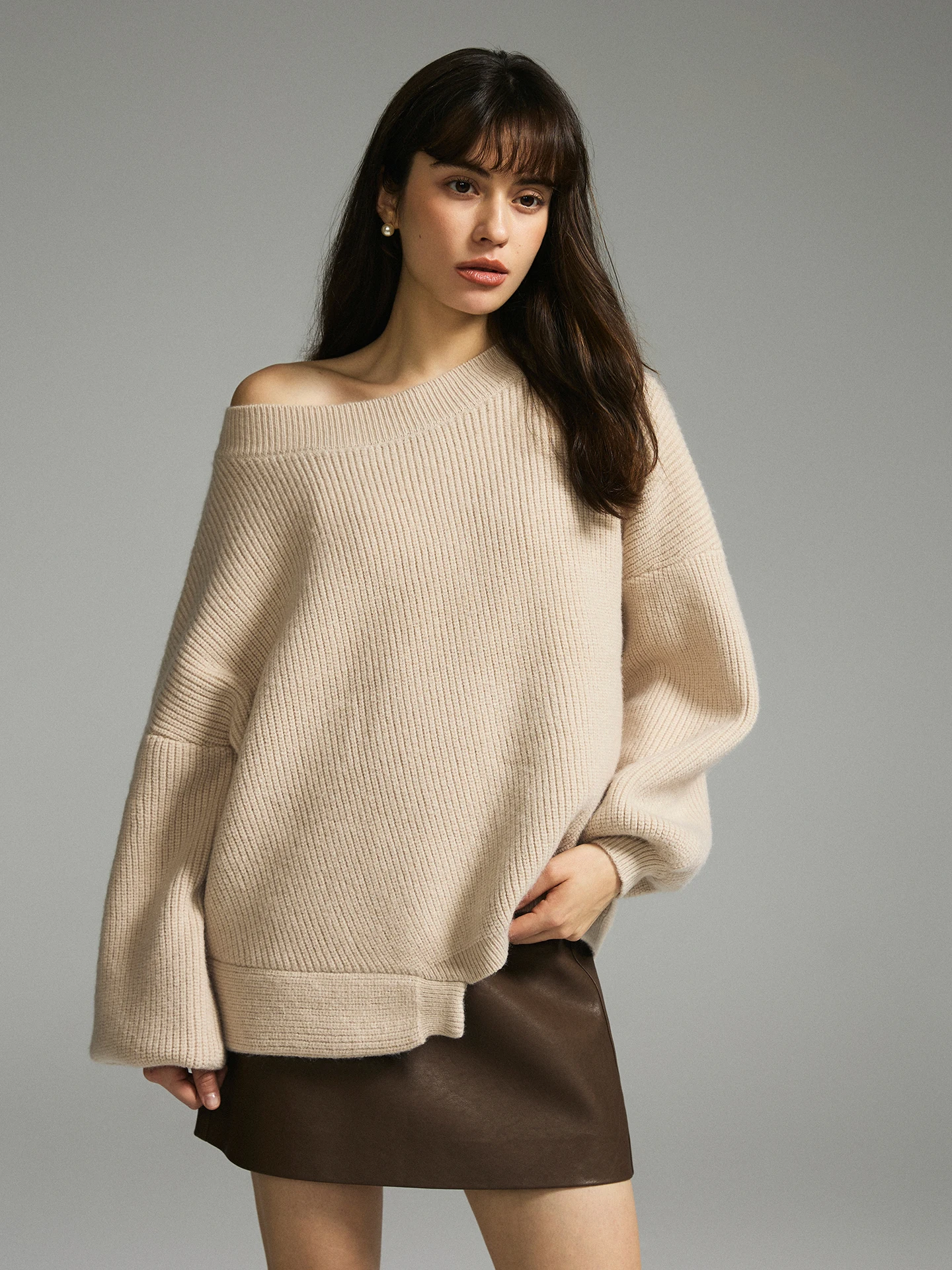 

Laid-ba Loose Knitted oulder Bared Sweater Purple Sauce Sister's Wardrobe Commute Sle Long Sve round Ne Sweater