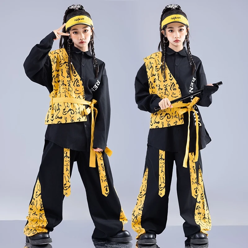 

Китайский стиль, джаз, современная танцевальная одежда для девочек, Kpop, сценический наряд, черный и желтый танцевальный костюм, костюм в стиле хип-хоп AMY1301