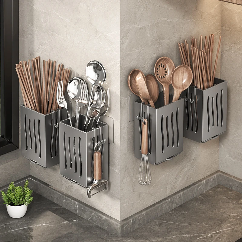 Soporte para palillos de cocina multifuncional montado en la pared para el hogar, soporte para palillos sin perforaciones, vajilla, almacenamiento, estante para cuchara de drenaje