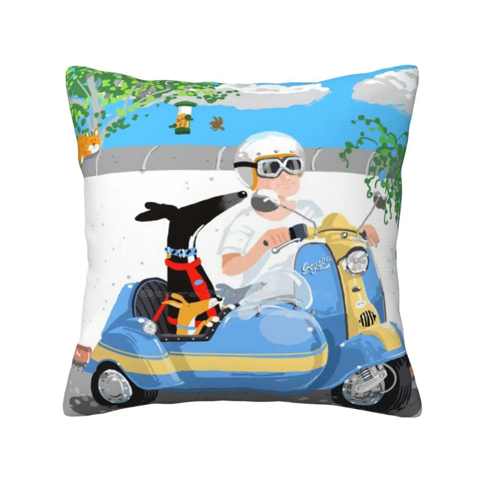 Motor Scooter And Side Hounds Throw Cushion Pillow Cover Whippet Lurcher Rich Skipworth Nature Flowers Summer Dogs Italian