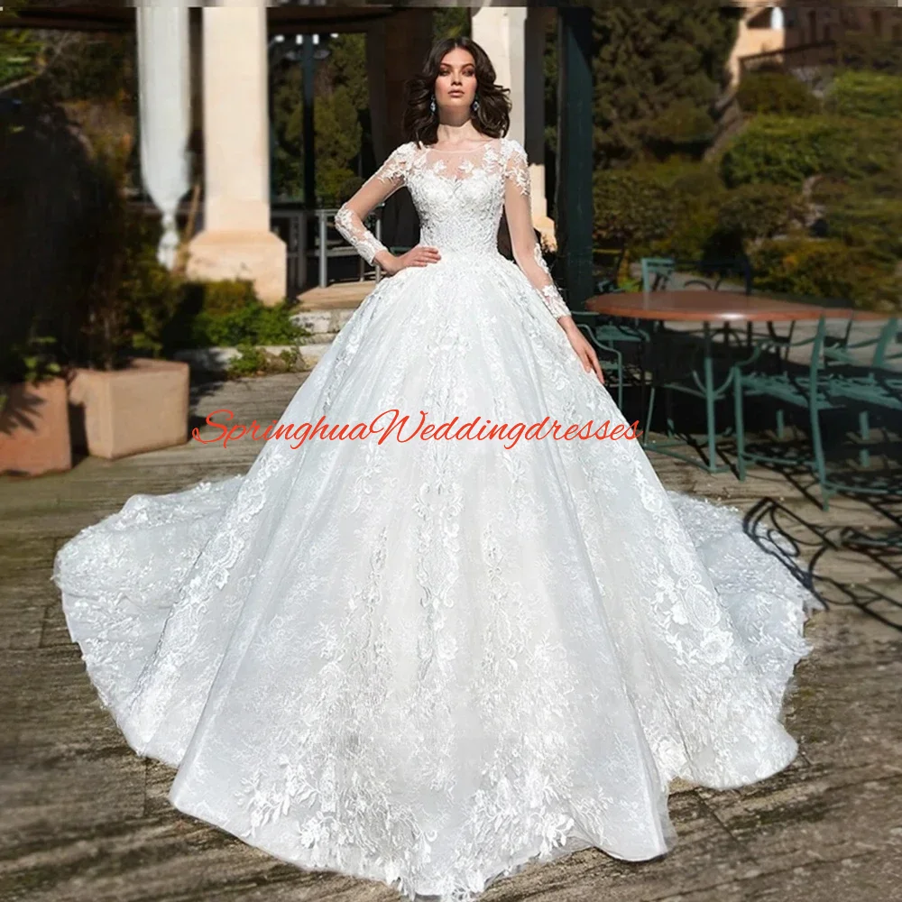 Customized  Wedding Dresses Long Sleeve Bride Dress Crystal Lace Appliques Scoop Bridal Gown Vestidos De Novia