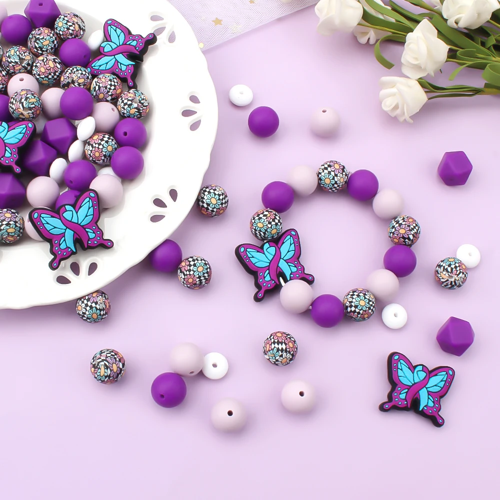 20/30pcs Silicone Beads Purple Butterfly Depression Prevention Series for DIY Pendant Pearl Keychain Jewelry Accessories