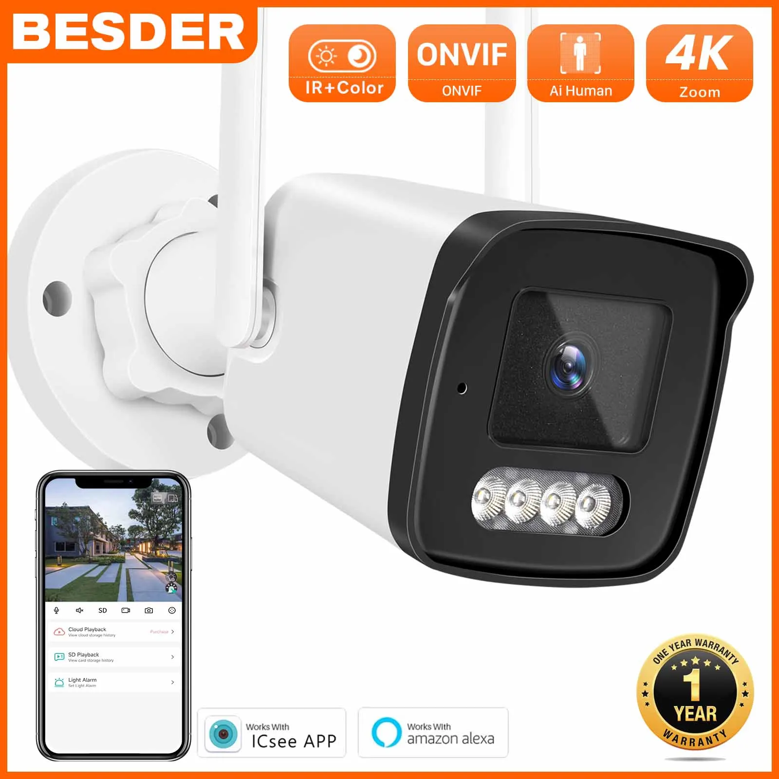 BESDER 8MP Audio IP Camera Wifi Wireless AI Human Detect iCSee 4MP CCTV Bullet Outdoor Surveillance Camera With SD Card Slot