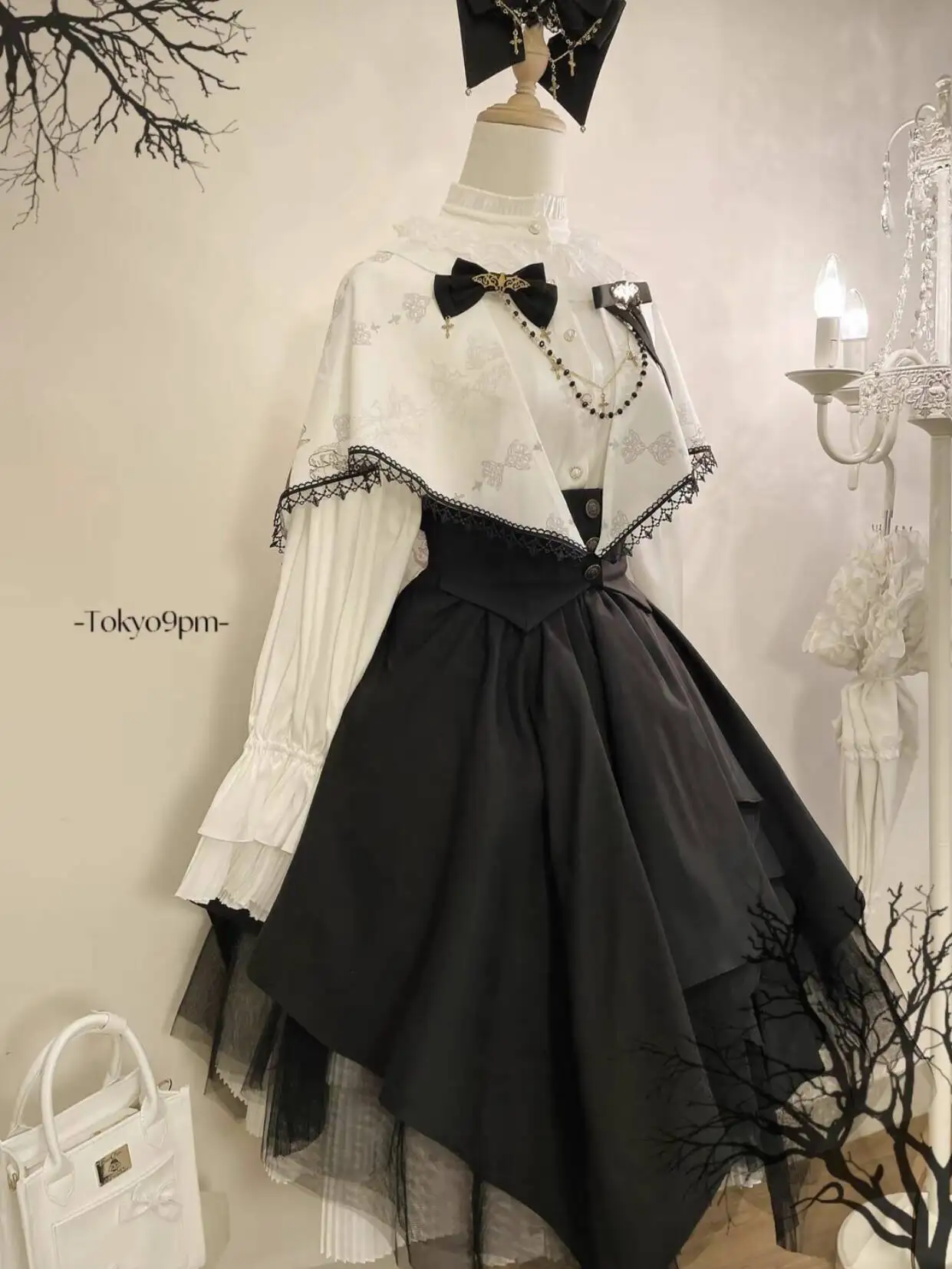 

New Fiesta Carnival Halloween Cos Cosplay Goth Clothes women Black Magician Lantern Sleeve Shirt Sk Skirt Crinoline Shawl