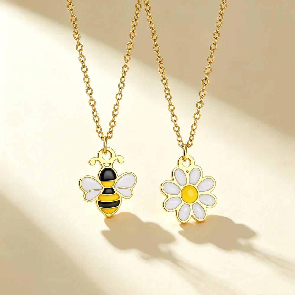 Skyrim Cute Bee and Flower Necklaces Women Trendy Stainless Steel Gold Color Enamel Pendant Necklace Animal Plant Jewelry Gift