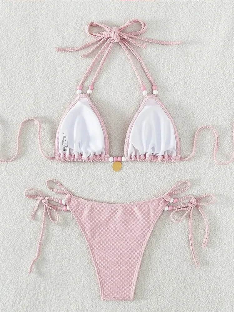 Sexy Backless Laced Up Bikini 2 Piece Set Women Solid Split Swimsuit High Waist Beach Bikini 2025 New Summer Swimwea Bikinis Set