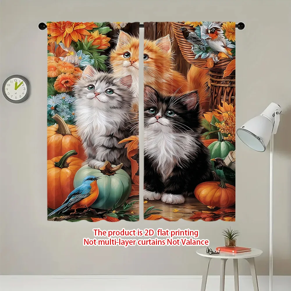 2PCS Digital Print Curtains, Autumn Kitten Pumpkin Flower Blue Bird Pattern, Realistic Oil Painting Style for Bedroom ／