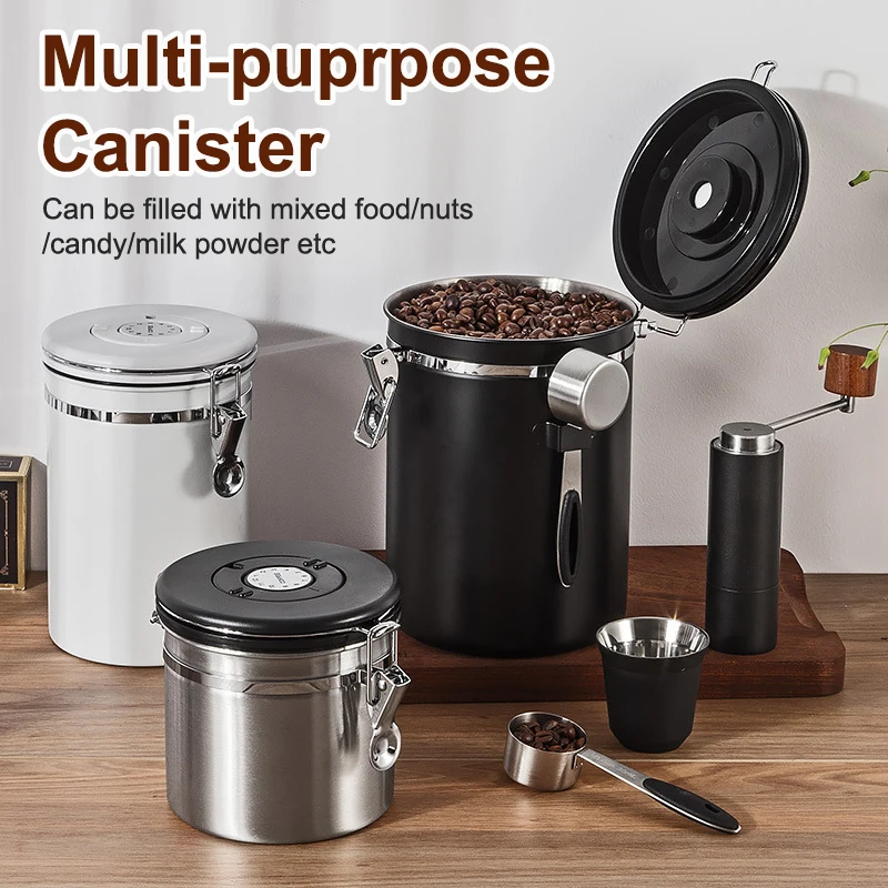 Recipiente de café hermético de acero inoxidable con válvula unidireccional, 1,2/1,5/1,8 L para mantener los granos frescos, incluye cuchara medidora