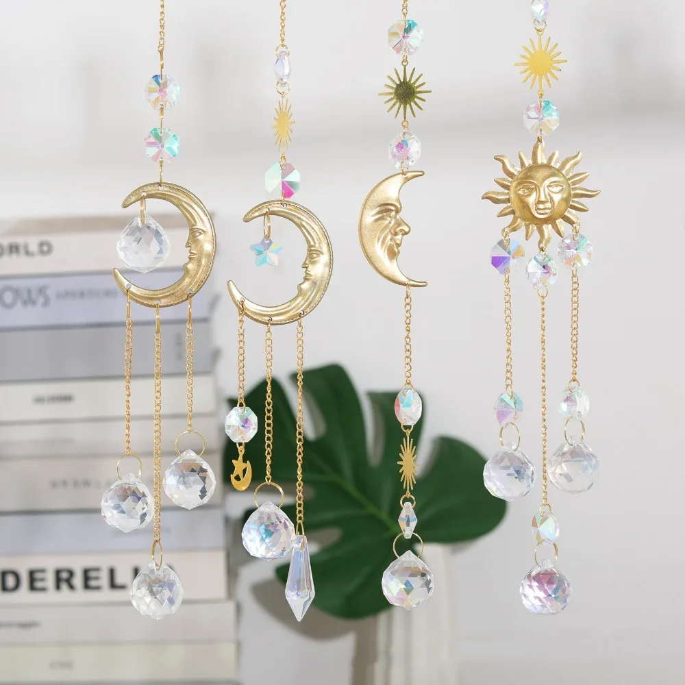 Crystal Pendant Hanging Sun Catcher Moon Sun Hanging Decor Crystal Wind Chime Rainbow Maker Balcony Yard Sunlight Catcher