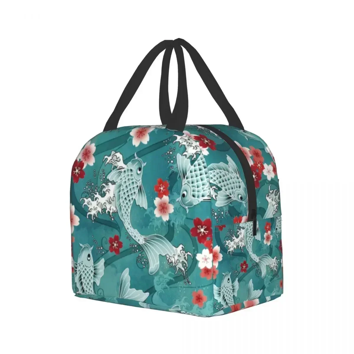 Custom Koi Fish Sakura Blossom In Turquoise Lunch Bag Men Women Thermal Cooler Insulated Lunch Boxes for Adult Office