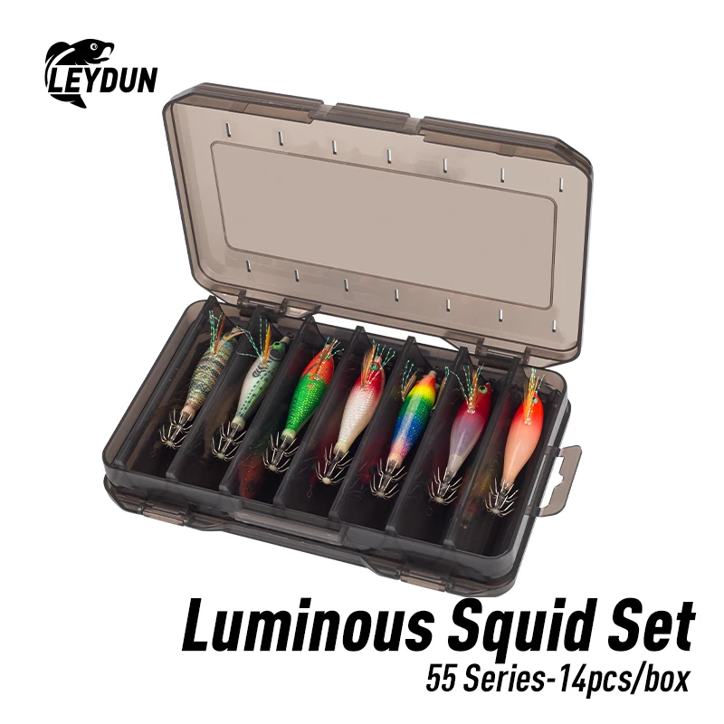 

LEYDUN 14pcs Squid Fishing Lures 60mm 70mm Luminous Horizontal UV Coating Jig Wood Shrimp Squid Hook Fishing Tackle Baits