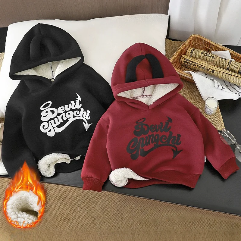 Autumn Winter Boys Girls Lamb Fleece Warm Hooded Sweatshirt Fashion Letter Print Thick Warm Pullover Tops for Kids 2‑8 Years