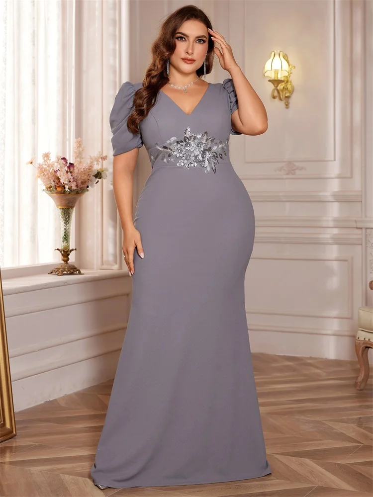 

Lucyinlove Plus Size Luxury Short Sleeve Grey Applique Evening Dress For Elegant Long Green Wedding Party Prom Cocktail Gown