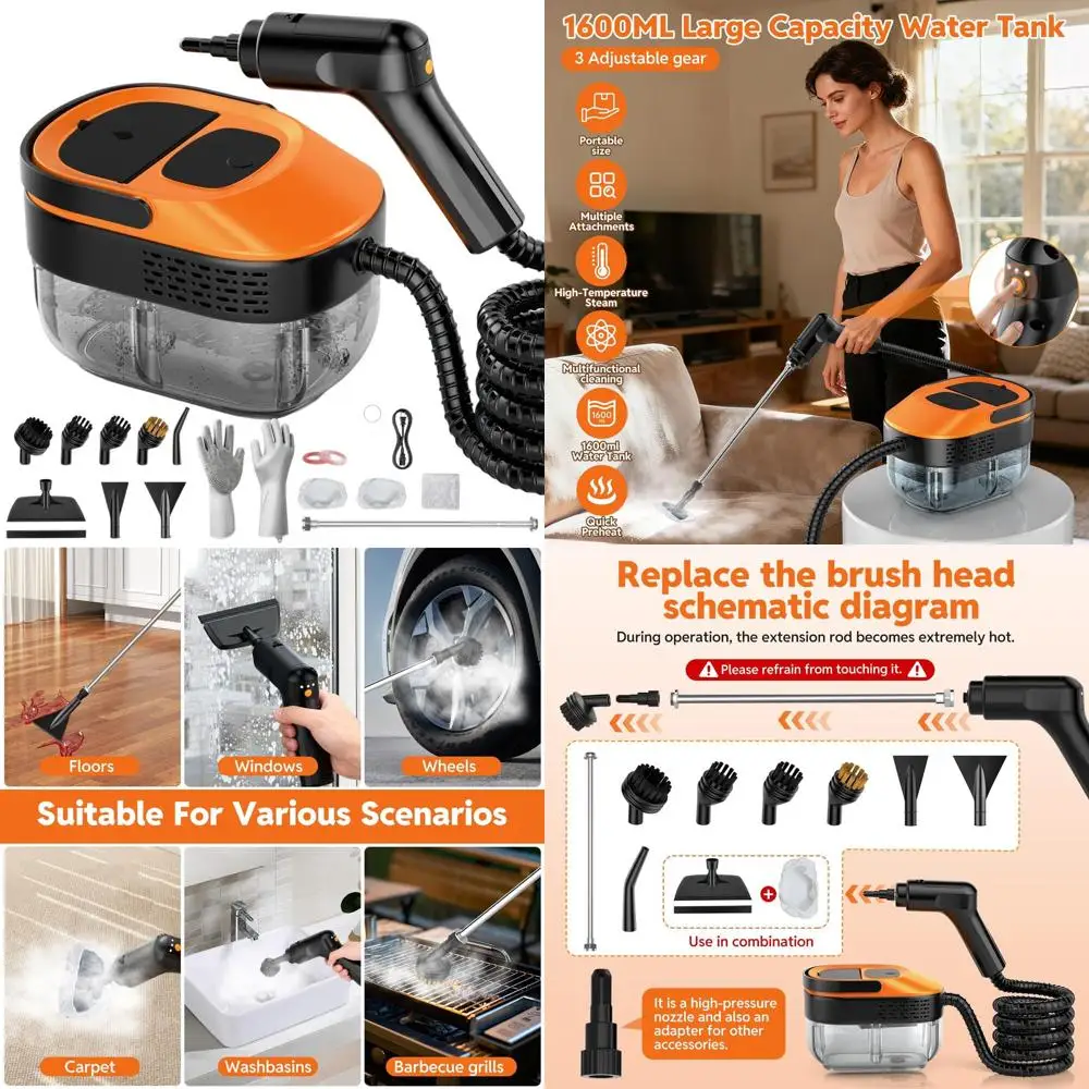 

Портативный пароочиститель объемом 1,6 л с 3-уровневым управлением и 17 аксессуарами для глубокой очистки дома и автомобиля