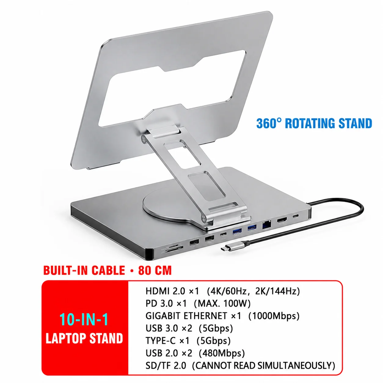 360° Rotating USB C Laptop Stand with 10 in 1 Docking Station 4K 60Hz HDMI PD 100W USB 3.0 SD TF RJ45 Optional