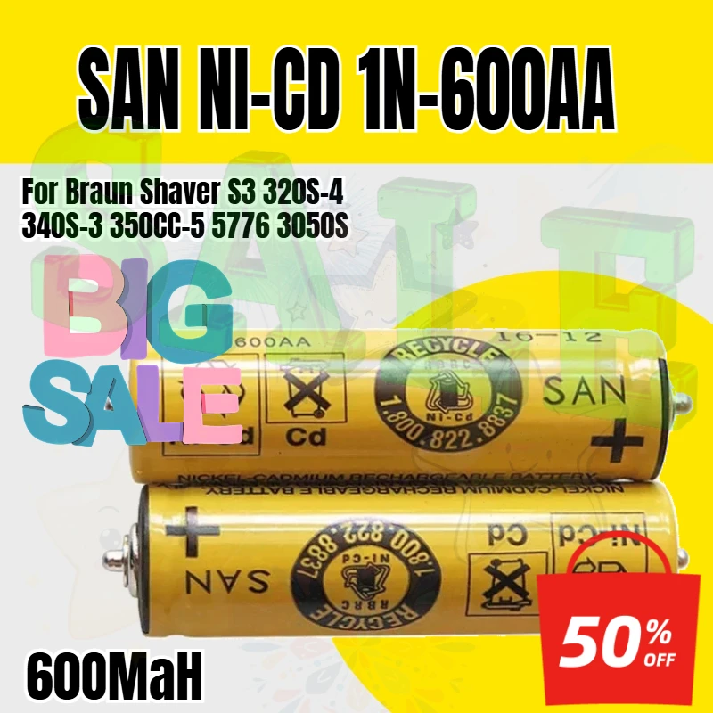 1.2V SAN NI-CD 1N-600AA Battery For Braun Shaver S3 320S-4 340S-3 350CC-5 5776 3050S Battery with Pins on Both Ends