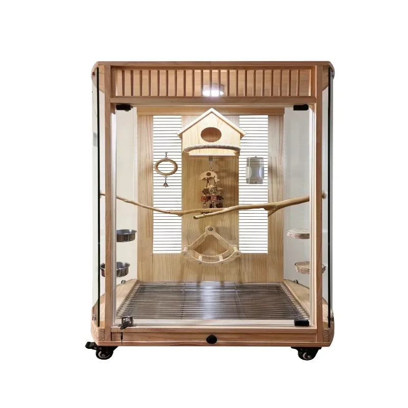 Parrot bird cage panoramic luxury solid wood macadamia parrot monk small golden sun large special splash-proof villa