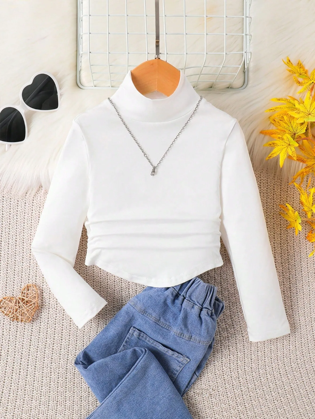 3er-Pack Rollkragen-Langarmshirts für Mädchen, geraffte Basic-Oberteile mit unregelmäßigem Saum, 4-12 Jahre, für den Alltag, Freizeit, Schule, stilvolle Layering – Detail 3