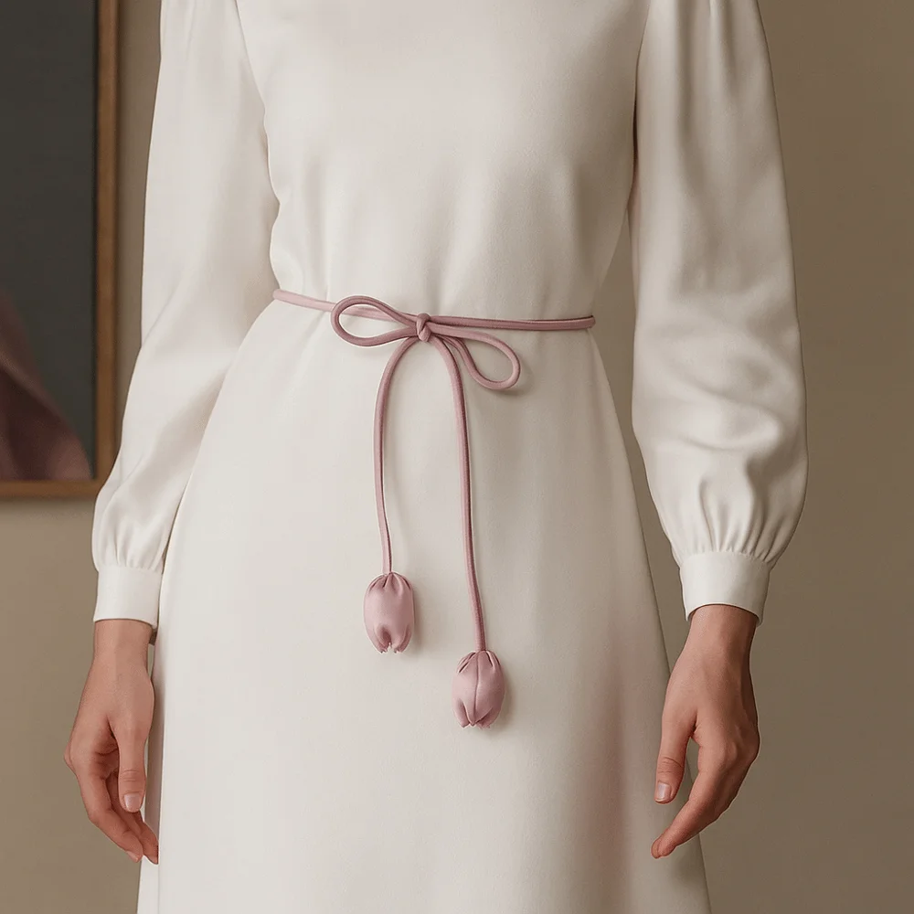 أنيقة بو الجلود توليب سلسلة حزام شكل دائري رقيقة معقود حزام ملابس ربط طويل زهرة الخصر حبل فستان المرأة #2